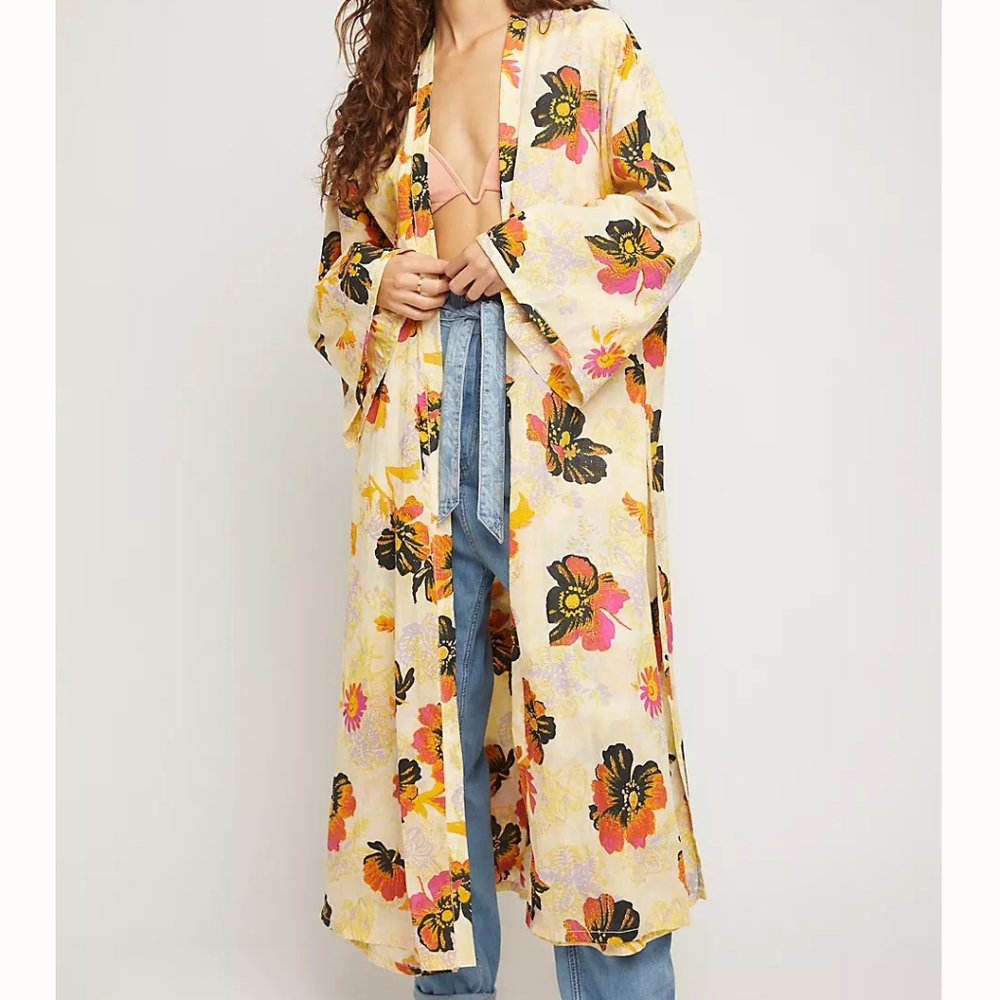 Free People Jorja Kimono Duster Retro Floral Print Cotton Lined Sizes M & L NWT